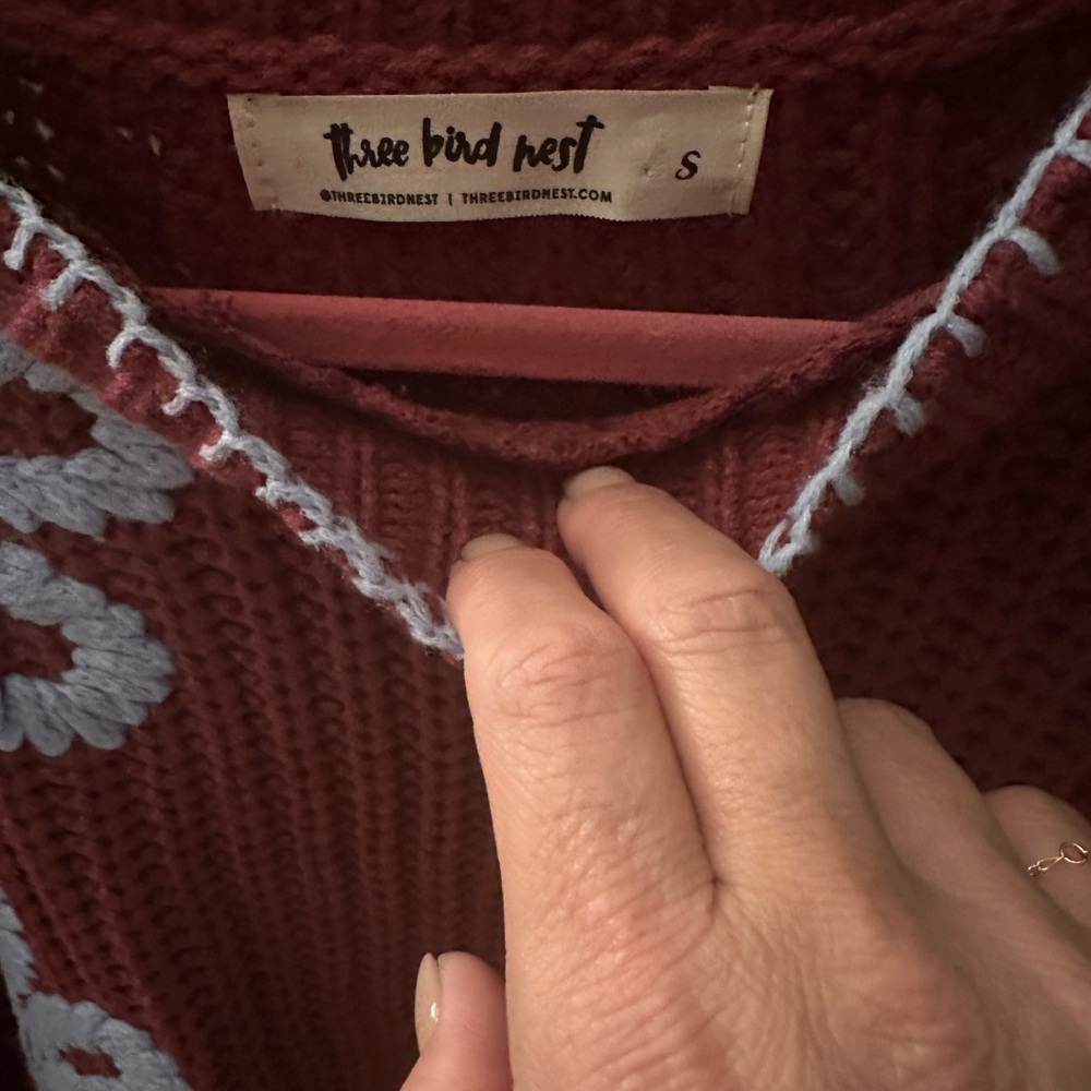 Three Bird Nest Burgundy Sweater with Blue Floral Design - Picture 4 of 4